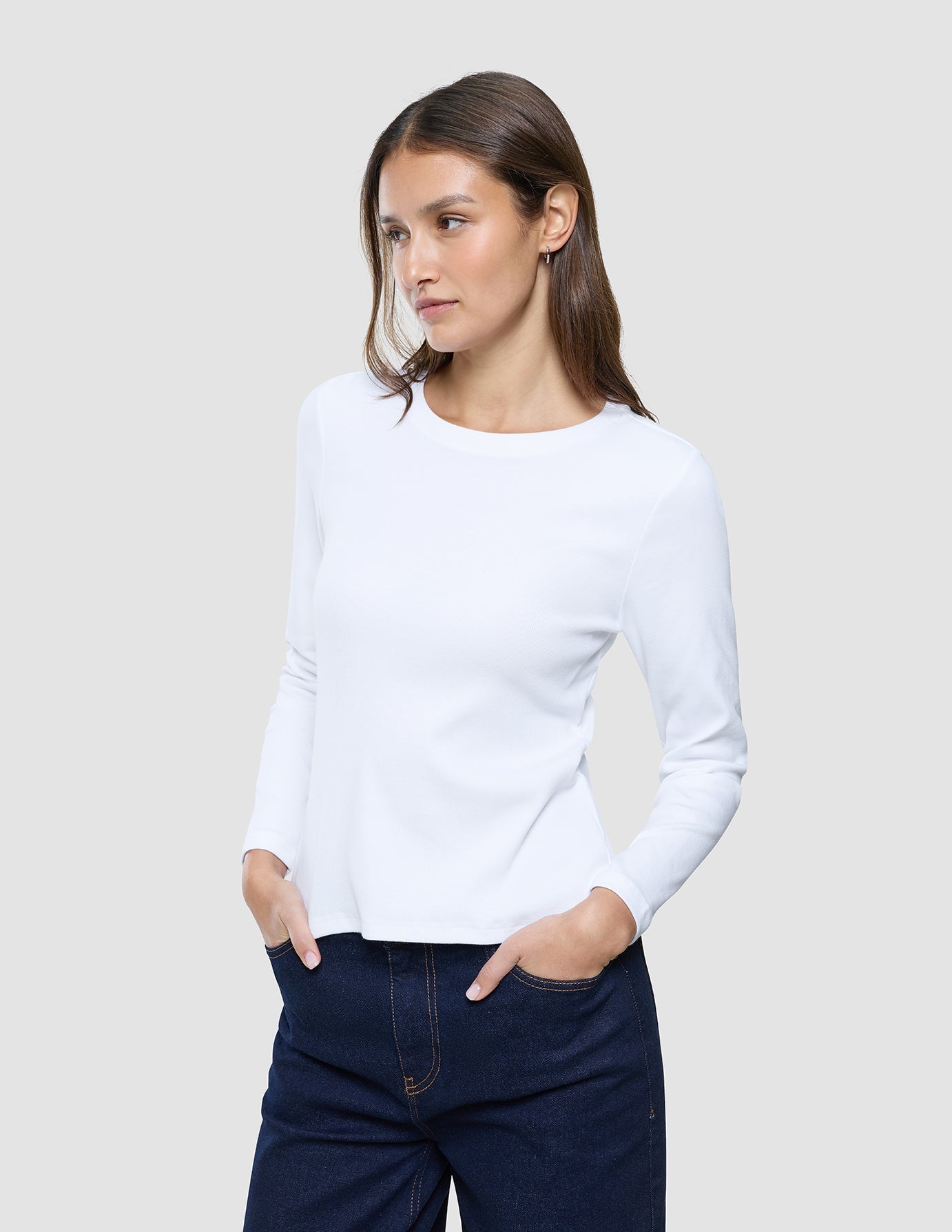 Women Rib T-Shirt Long Sleeve White